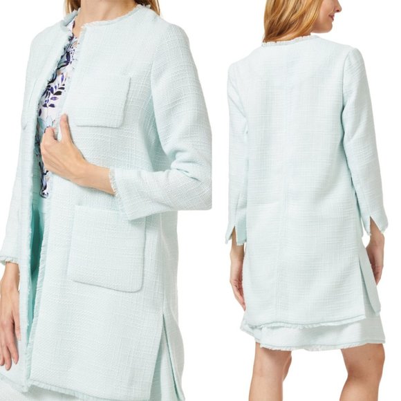 NWT ELLEN TRACY Celadon  Women Light Green Blazer  Open Long Sleeves Fringed Hem - Picture 5 of 13